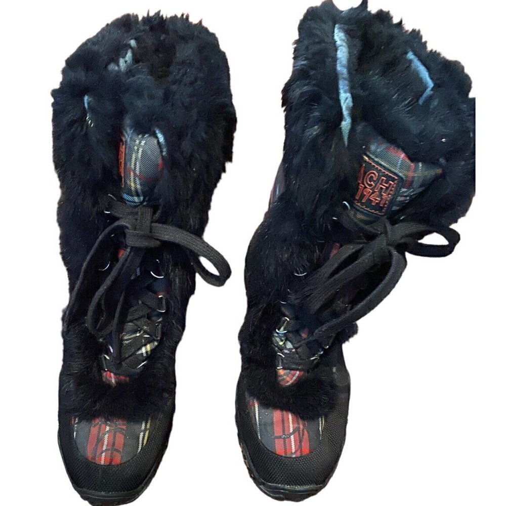 Coach Jennie Signature Rabbit Fur Black &‎ Red Plaid Boots RARE! Size 7 - Picture 2 of 6